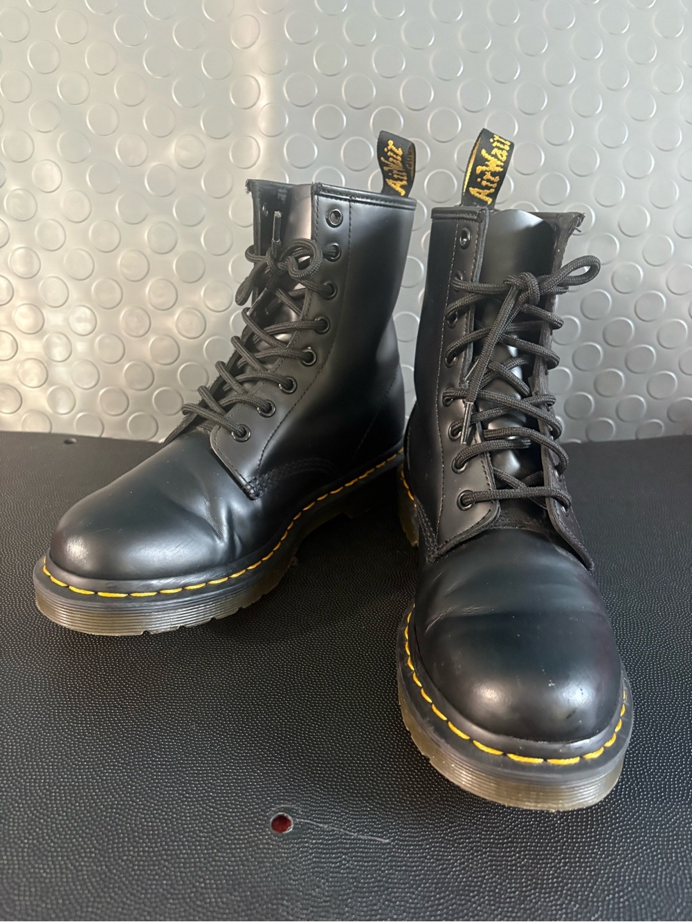Dr. Martens Black Leather 8-Eye Lace-Up Boots with Yellow Stitching